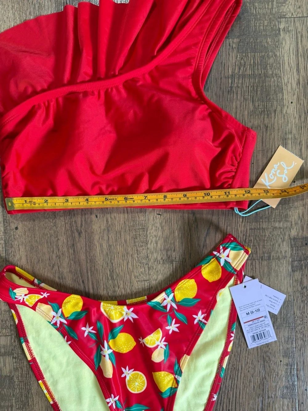 NWT! KONA SOL - WIL FABLE fruit print 🍋🍋 One-Shoulder Ruffle Bikini Set M 8-10